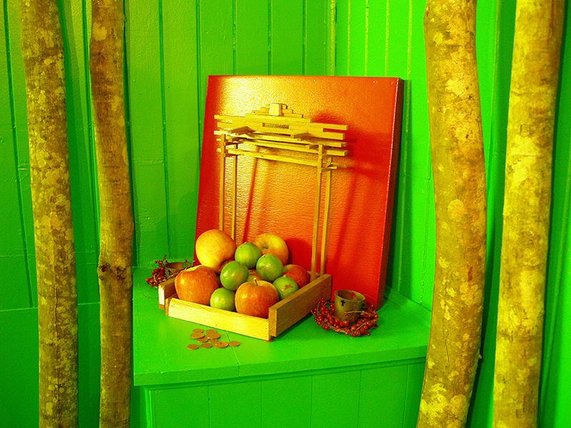 Red shrine image from SET THE CONTROLS FOR THE HEART OF THE SUN, installation at WRKS DVSN, by Kennedy Telford, 2006.