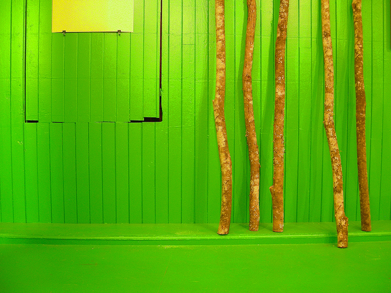 Green room and pole collection image from SET THE CONTROLS FOR THE HEART OF THE SUN, installation at WRKS DVSN, by Kennedy Telford, 2006.