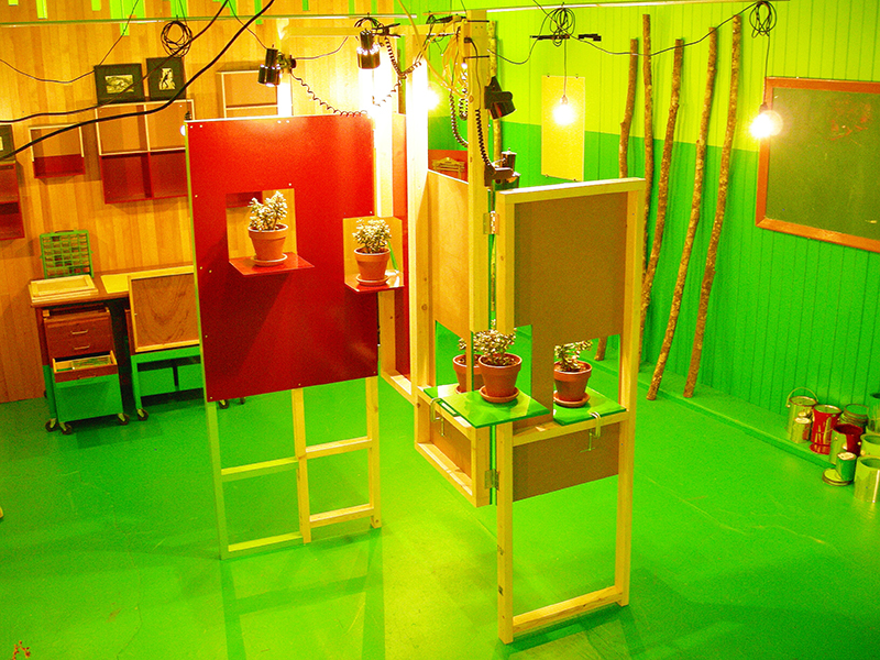 Green and red room image from SET THE CONTROLS FOR THE HEART OF THE SUN, installation at WRKS DVSN, by Kennedy Telford, 2006.